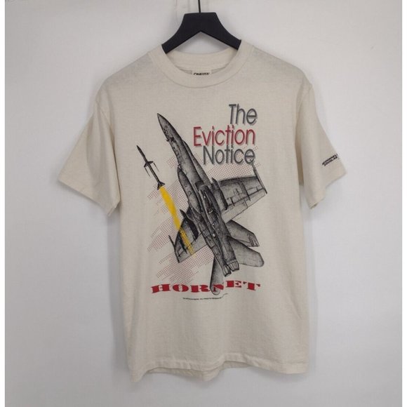 VTG F/A-18 Hornet Fighter Jet Plane Eviction Notice Oneita Cream T-Shirt Men M - Picture 1 of 10